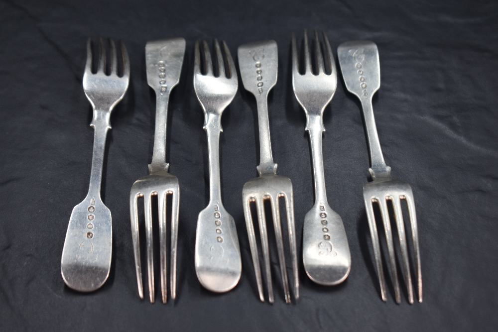 A set of six Victorian silver Hanoverian fiddle pattern salad or dessert forks, engraved with - Image 2 of 2