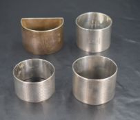 A group of four silver napkin rings, mixed ages, designs and manufacturers, gross weight 137grams.