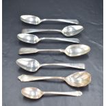 A group of mixed silver spoons, George III, Victorian and later, mixed designs, 136grams gross.
