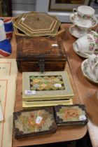 An Eastern design hexagonal jewellery box with lined interior, a continental pine box with metal