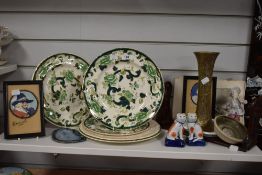An assorted collection of Mason's Chartreuse patterned plates, Staffordshire cat ornaments, an