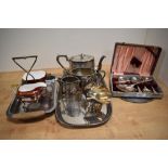 A selection of plated ware, including a Wedgewood condiment set and a boxed set of spoons.