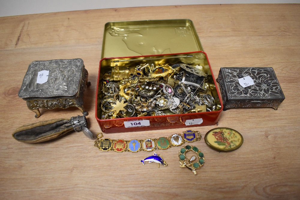 Two white metal and continental trinket boxes, and a tin of miscellaneous costume jewellery,