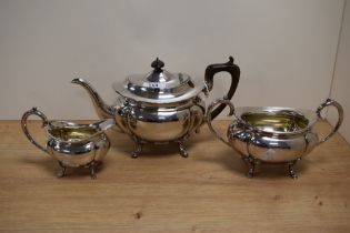 A three piece silver plated tea service, comprising teapot, sucrier and milk jug