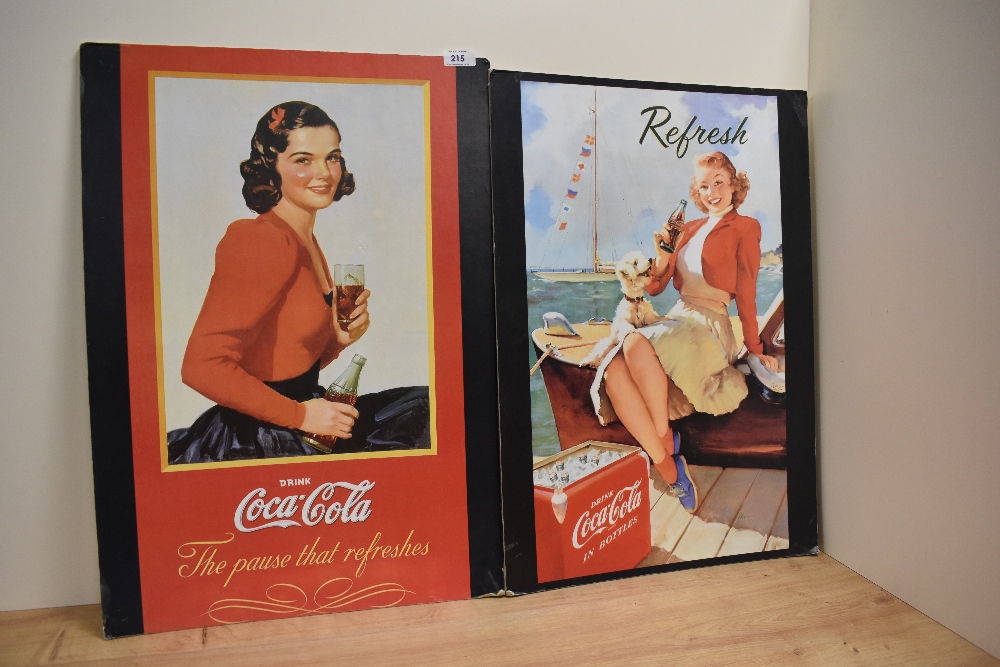 Two coloured prints on card after 1940s Coca-Cola advertisements, measuring 40cm x 60cm