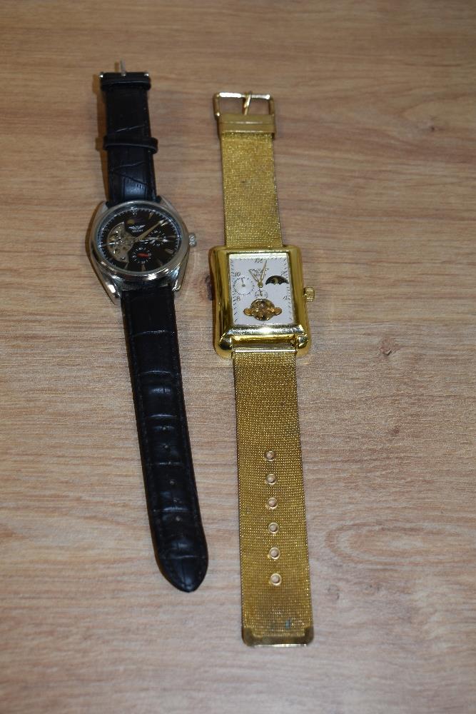 Two gent's fashion watches by Minoir, with moon phase apertures