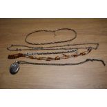 Four silver necklaces including an oval locket and Baltic Amber, and an enamelled bracelet