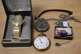 An Armosa full hunter pocket watch in gold coloured case, another pocket watch with a silver case