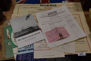 An assorted collection of paper ephemera, including two Morris Minor lubrication charts, and other