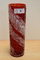A Japanese Tajima textured glass vase, red with mottled white spiral decoration, measuring 20cm