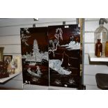 A pair of Chinese red lacquered panels with mother of pearl inlay, depicting a pagoda and