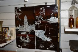 A pair of Chinese red lacquered panels with mother of pearl inlay, depicting a pagoda and