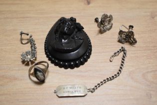 A carved Jet cameo style pendant, plus earrings, and a Wedgwood cameo ring