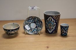 A small collection of Iznik style earthenware pottery, the largest item measuring 10cm tall