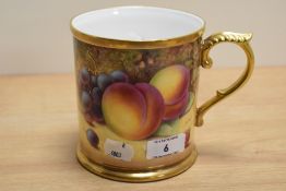 A 20th Century Royal Worcester hand painted Fruit Study tankard, signed P.Platt, heightened with