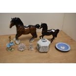 Two Beswick pottery horses, two Swarovski crystal animals, a Beswick Beatrix Potter Peter Rabbit,