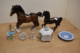 Two Beswick pottery horses, two Swarovski crystal animals, a Beswick Beatrix Potter Peter Rabbit,