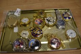An assorted collection of decorative enamelled timepieces, and pocket watches, plus a Pulsar