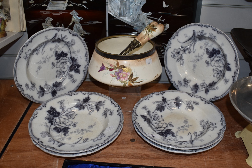 Six Victorian Claremont soup bowls, with floral transfer printed decoration, and a blush ivory salad