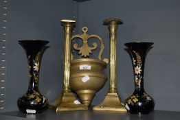 Two Japanese cloisonne vases, on black ground, 20cm tall, a pair of brass candlesticks, and a wall