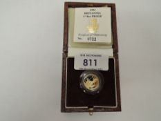 A Royal Mint United Kingdom 1993 Queen Elizabeth II Britannia 1/10oz Gold Proof £10 Coin, in case
