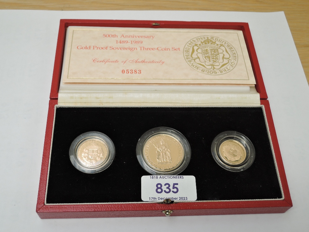 A Royal Mint 500th Anniversary 1489-1999 Gold Proof Sovereign Three Coin Set, Half Sovereign, Full