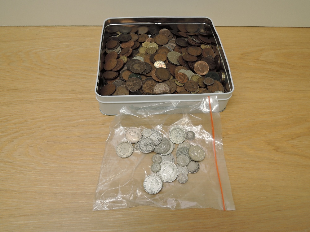 A tin box of GB Coins, small amount of pre 1947 Silver, some pre 1920 seen...