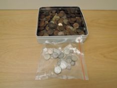 A tin box of GB Coins, small amount of pre 1947 Silver, some pre 1920 seen, Farthing up to Half Cro