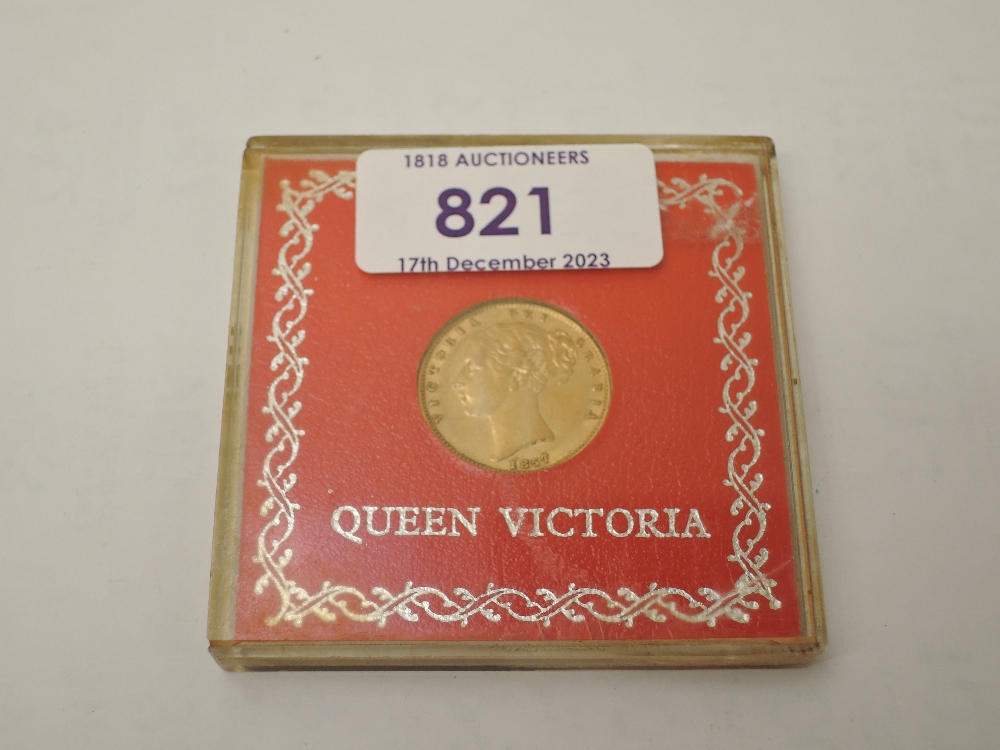 A 1857 Queen Victoria Gold Sovereign, Young Head, Shield Back, Royal Mint, in plastic case