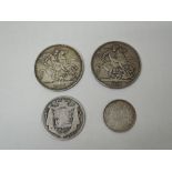 Four GB Silver Coins, 1889 & 1890 Silver Crowns, 1834 Half Crown and 1873 Shilling