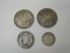 Four GB Silver Coins, 1889 & 1890 Silver Crowns, 1834 Half Crown and 1873 Shilling