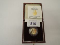 A Royal Mint United Kingdom 1992 Queen Elizabeth II Britannia 1/10oz Gold Proof £10 Coin, in case