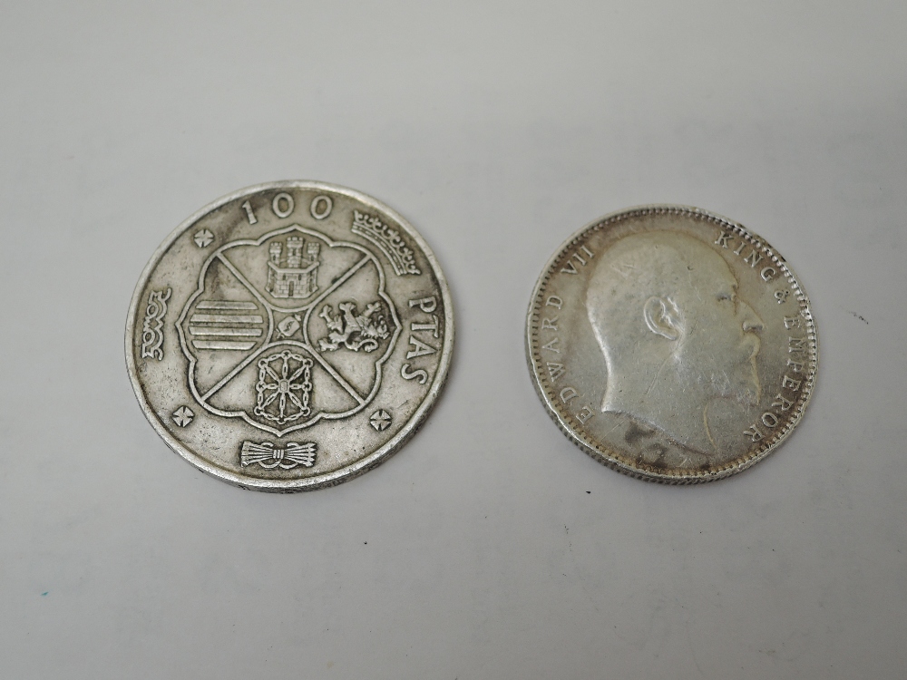 A 1904 Edward VII Indian Silver One Rupee Coin and a 1966 Spanish Francisco Franco Silver 100 Ptas - Image 2 of 2