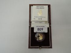 A Royal Mint United Kingdom 1991 Queen Elizabeth II Britannia 1/10oz Gold Proof £10 Coin, in case