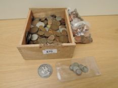 A box of GB and World Coins including 1889 Queen Victoria Silver Crown, and two small bags of 5,2