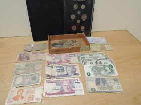 A collection of GB and World Coins and Banknotes including 1899 Crown, Coins of Great Britain 1964