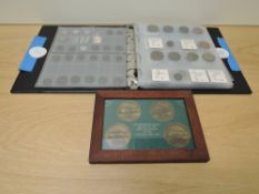 An Album of Roman Coins, some genuine, some copy coins seen along with a framed displays of four