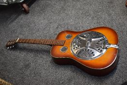 A Hohner resonator acoustic guitar, made in Korea, with mahogany back and sides and sunburst finish,