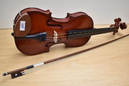 A modern violin having 13inch one piece back with fitted case and bow