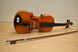 A modern violin having 13inch two piece back, with bow and case