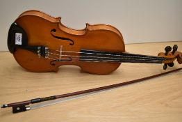 A modern violin having two piece 13inch back , with bow and case