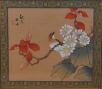 20th Century Chinese School, watercolour on silk, Three illustrations of exotic birds on branches,
