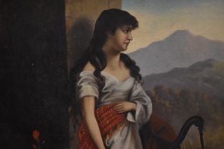 Josef Albrecht (19th Century), oil on canvas, A portrait of a dark haired woman with pink sash,