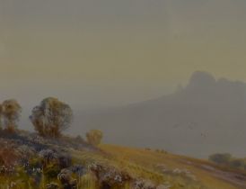 Reginald Sherrin (1891-1971), oil painting, A pastoral landscape with craggy hill beyond, possibly