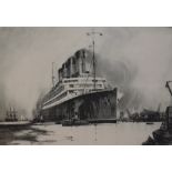 After Frank Henry Mason (1875-1965, British), monochrome print, 'Cunard R.M.S Aquitania',