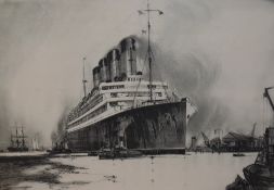 After Frank Henry Mason (1875-1965, British), monochrome print, 'Cunard R.M.S Aquitania',