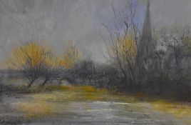 Graham Dodd (b.1933, British), pastel on paper, 'River Windrush & Church', Cotswolds, signed and