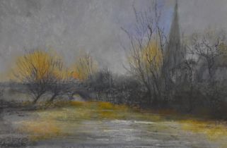Graham Dodd (b.1933, British), pastel on paper, 'River Windrush & Church', Cotswolds, signed and