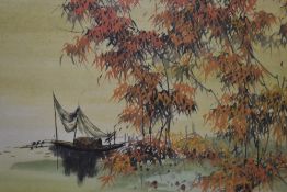20th Century Chinese School, watercolour and gouache, Two oriental scenes depicting a crane