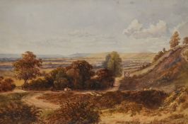 19th Century, British School, watercolour, A remote countryside landscape with figures walking along